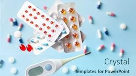  Presentation with tablet capsule - Amazing slides having flying-pill-tablet-capsule-levitation backdrop and a light blue colored foreground