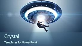  Presentation with flying - Beautiful PPT theme featuring recruitment industry - flying saucer abducting young businessman backdrop and a  colored foreground