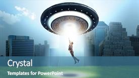  Presentation with flying angesl - Audience pleasing theme consisting of recruitment industry - flying saucer abducting young businessman backdrop and a  colored foreground