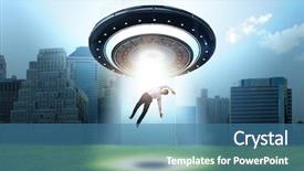  Presentation with flying angel - Presentation design with recruitment industry - flying saucer abducting young businessman background and a ocean colored foreground