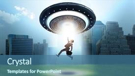  Presentation with flying - Slide set having recruitment industry - flying saucer abducting young businessman background and a  colored foreground