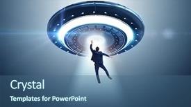  Presentation with flying - Slides having recruitment industry - flying saucer abducting young businessman background and a ocean colored foreground