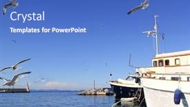  Presentation with port - Colorful PPT layouts enhanced with flying seagulls on formentera port summer balearic islands backdrop and a teal colored foreground