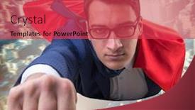  Presentation with super hero - Slide deck with flying super hero over the city background and a red colored foreground