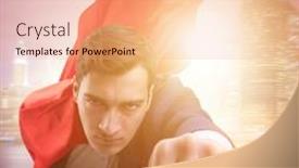  Presentation with super hero - Presentation theme with flying-super-hero-over background and a coral colored foreground