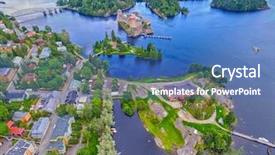  Presentation with medieval iron doors stone castle - Theme enhanced with flyover - aerial view of olavinlinna olofsborg background and a ocean colored foreground