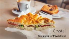  Presentation with breakfast sandwich - Presentation theme featuring focaccia panino italian sandwich for breakfast background and a coral colored foreground