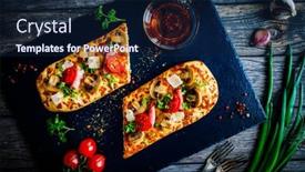  Presentation with white plate - Presentation design consisting of focaccia-roasted-mozzarella-sandwiches background and a navy blue colored foreground