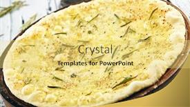 Presentation with round table - Slides featuring focaccia with mozzarella cheese sprinkled with seasonings and rosemary on thick round board on wooden white table background and a yellow colored foreground