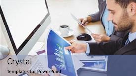  Presentation with sitting posture and computer ergonomics - Theme featuring focus high growth - businessman analyzing graph while sitting background and a  colored foreground