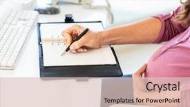  Presentation with agenda - Presentation design featuring focus high growth - midsection of businesswoman writing agenda background and a lemonade colored foreground