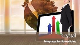  Presentation with earth - PPT layouts featuring focus high growth - serious businesswoman against digital earth background and a  colored foreground