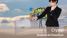  Presentation with road signs - PPT layouts having focus high growth - thoughtful businesswoman pointing against green background and a coral colored foreground