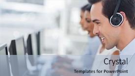  Presentation with call center agent reporting - Presentation design consisting of focus on a smiling call background and a light blue colored foreground