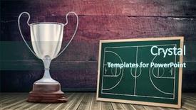  Presentation with trophy - Slides with focus on a trophy against board on a wooden floor background and a ocean colored foreground