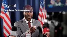  Presentation with press - Presentation theme consisting of focus-on-mature-male-politician background and a navy blue colored foreground