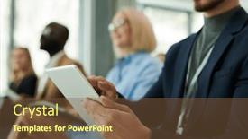  Presentation with coworkers - Slides consisting of focus-on-tablet-held background and a  colored foreground