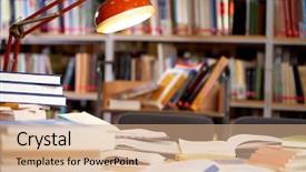  Presentation with reading table - Slide deck featuring focus reading - image of place in library background and a coral colored foreground