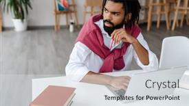  Presentation with books - Amazing presentation design having focused-african-american-guy-working backdrop and a sky blue colored foreground