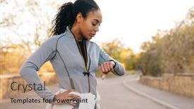  Presentation with smartwatch - PPT theme with focused-african-american-sportswoman-looking background and a coral colored foreground