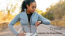 Presentation with smartwatch - PPT layouts having focused-african-american-sportswoman-looking background and a coral colored foreground