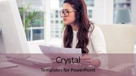  Presentation with monitor computer - Presentation with focused asian woman holding document background and a  colored foreground