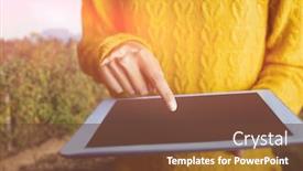  Presentation with plants growing - Audience pleasing slides consisting of focused asian woman using tablet against plants growing on agricultural field backdrop and a tawny brown colored foreground