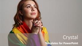  Presentation with rainbow flag - Cool new PPT layouts with focused-beautiful-young-woman-wearing backdrop and a coral colored foreground