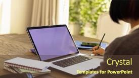  Presentation with global laptop - Presentation enhanced with focused-biracial-woman-sitting background and a tawny brown colored foreground