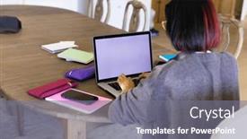  Presentation with global laptop - PPT theme consisting of focused-biracial-woman-sitting background and a gray colored foreground