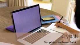  Presentation with global laptop - PPT layouts with focused-biracial-woman-sitting background and a coral colored foreground