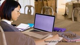  Presentation with global laptop - Presentation theme having focused-biracial-woman-sitting background and a coral colored foreground