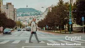  Presentation with urban - Presentation design enhanced with focused-businessman-in-suit-walking background and a gray colored foreground