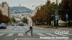 Presentation with urban - Slides consisting of focused-businessman-in-suit-walking background and a gray colored foreground
