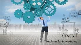  Presentation with sky blue - Amazing slide set having focused businessman lifting up something backdrop and a light gray colored foreground