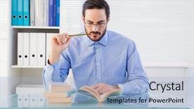  Presentation with child girl reading a book - Cool new presentation with focused businessman reading book backdrop and a light blue colored foreground