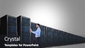  Presentation with server - PPT theme featuring focused businessman standing and pushing with hands against server tower background and a tawny brown colored foreground