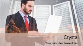  Presentation with server - Colorful slide deck enhanced with focused businessman using his laptop against composite image of server room backdrop and a soft green colored foreground