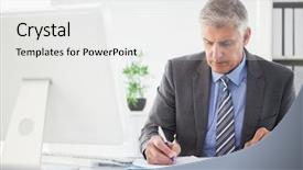  Presentation with writing - Presentation theme featuring focused businessman writing something down background and a  colored foreground