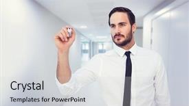  Presentation with marker - Presentation design enhanced with focused businessman writing with marker against college hallway background and a light gray colored foreground