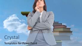  Presentation with steps - Presentation theme consisting of focused businesswoman against book steps against sky background and a light blue colored foreground