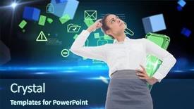  Presentation with technical - Amazing PPT theme having focused businesswoman against boxes backdrop and a ocean colored foreground