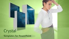  Presentation with windows - Colorful presentation theme enhanced with focused businesswoman against bright green room with windows backdrop and a mint green colored foreground