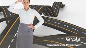  Presentation with bumpy road - Slide set featuring focused businesswoman against bumpy road background background and a dark gray colored foreground