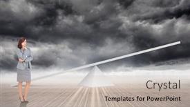  Presentation with storm clouds - Colorful presentation design enhanced with focused businesswoman against white scales in front of storm clouds backdrop and a soft green colored foreground
