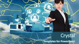  Presentation with blue line - Colorful slide set enhanced with focused businesswoman pointing against abstract yellow line design on blue sky backdrop and a ocean colored foreground