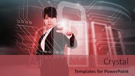  Presentation with composite - Theme with focused businesswoman pointing against composite image of server towers background and a red colored foreground