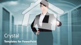  Presentation with towers - PPT theme featuring focused businesswoman pointing against composite image of server towers background and a teal colored foreground