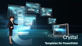  Presentation with technical - Beautiful PPT layouts featuring focused businesswoman pointing against euro sign on technical background backdrop and a ocean colored foreground