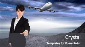  Presentation with serene - Beautiful PPT layouts featuring focused businesswoman pointing against serene landscape backdrop and a dark gray colored foreground